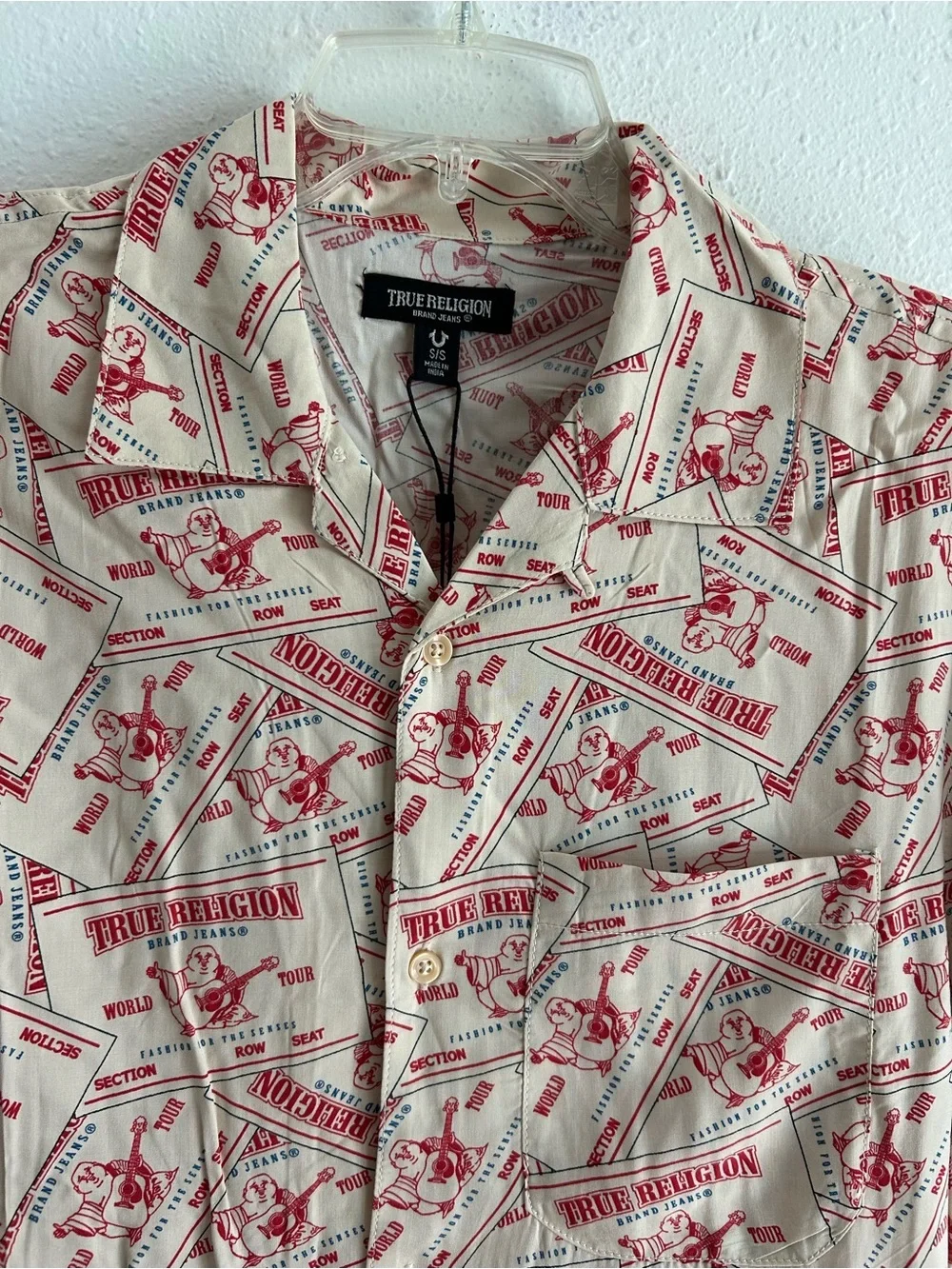 True Religion Button Up Shirt Men's Size S Beige Resort Print Resortwear Buddha